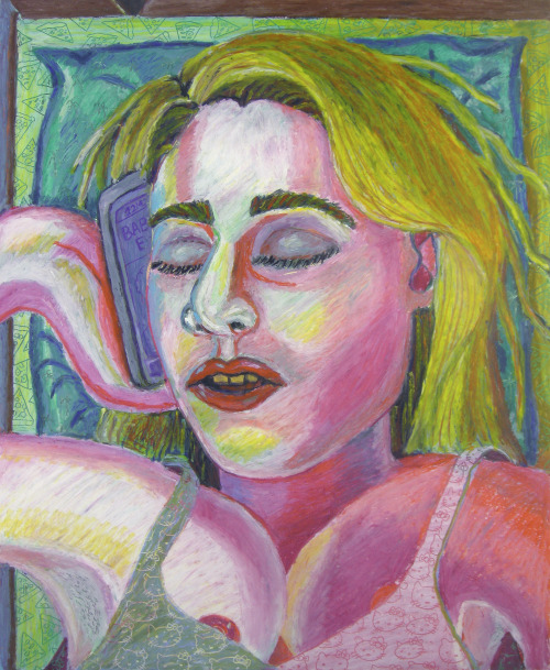 psychotic-art: Bruna Massadas, Tina Falls Asleep with Babe, 2016, oil pastel on paper, 14 X 17 