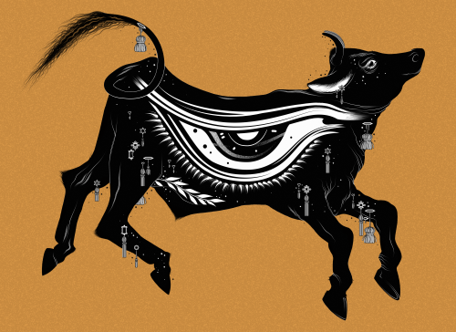 iliothermia:[id: an illustration of a cow with a large eye across its body, decorated with tassels a