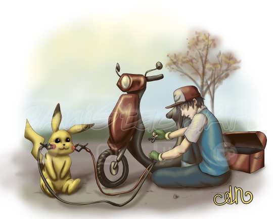 anistaciaart:Who does Ash turn to when the battery dies on his moped? Pikachu to