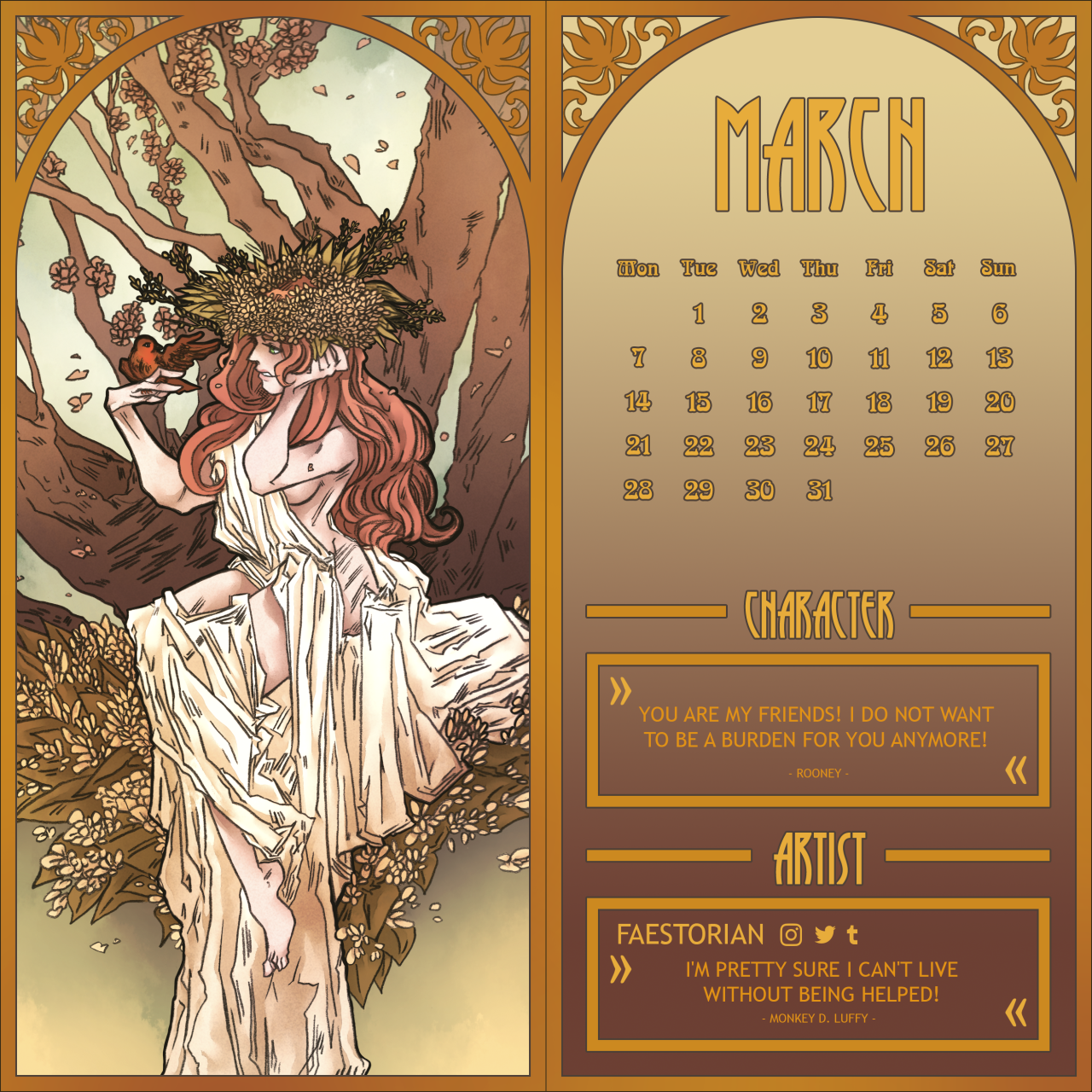 faestorian:
“ March Calendar spread for my spring child, Rooney! I had the opportunity to participate in @grandlineocs ’ Art Noveau Pin-Up Calendar project last year, and now that the calendars have all been assembled, I am officially able to present...