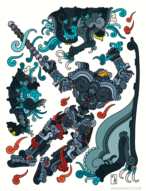“Redemption”, digital drawing by Monarobot (aka Mona Robles Corzo) the image shows a codex-like interpretation of a battle scene from “Pacific Rim”, a film by director Guillermo del Toro. In the drawing Otachi, a kaiju monster, is being torn apart by Gipsy Danger, a Jaeger Mech. A segmented sword is coming out of Gipsy Danger’s left arm and she’s ripping out Otachi’s flowering tongue with her right, the sword is cutting Otachi’s head clean off— a trail of electric blood and flesh can be followed from Otachi’s neck to her severed body, while the mech is surrounded by fire. Otachi is also missing her tail, having lost it earlier in battle, flesh and bone stick out of the stump, and her severed wing surrounds Gipsy, as they both plunge from the sky. Otachi was designed by artist Guy Davis.