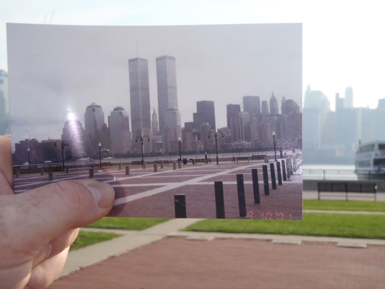 Dear Photograph,
We took the ferry to see the Statue of Liberty and missed visiting the twin towers. The next day (Note the timestamp on the original photo) will be forever etched in our hearts, as we drove further and further away, watching the skys...