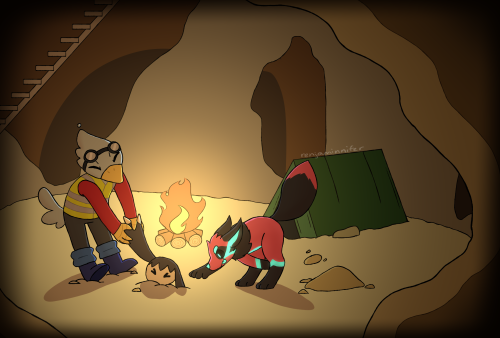 Commission for my friend @grumpy–goose! [ID: Two Starbound characters in a dark, campfire-lit 