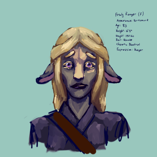 Day 26: Firbolg Ranger (F) Appearance: Birthmark Age: 83 Height: 6'5" Weight: 190 lbs Hair: Blo