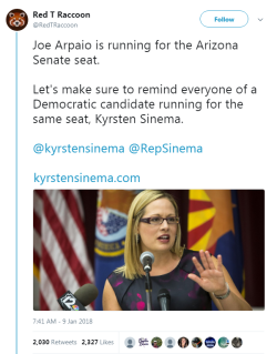 profeminist:  “Joe Arpaio is running for the Arizona Senate seat.  Let’s make sure to remind everyone of a Democratic candidate running for the same seat, Kyrsten Sinema.  @kyrstensinema @RepSinema  http://kyrstensinema.com” Source Joe Arpaio is