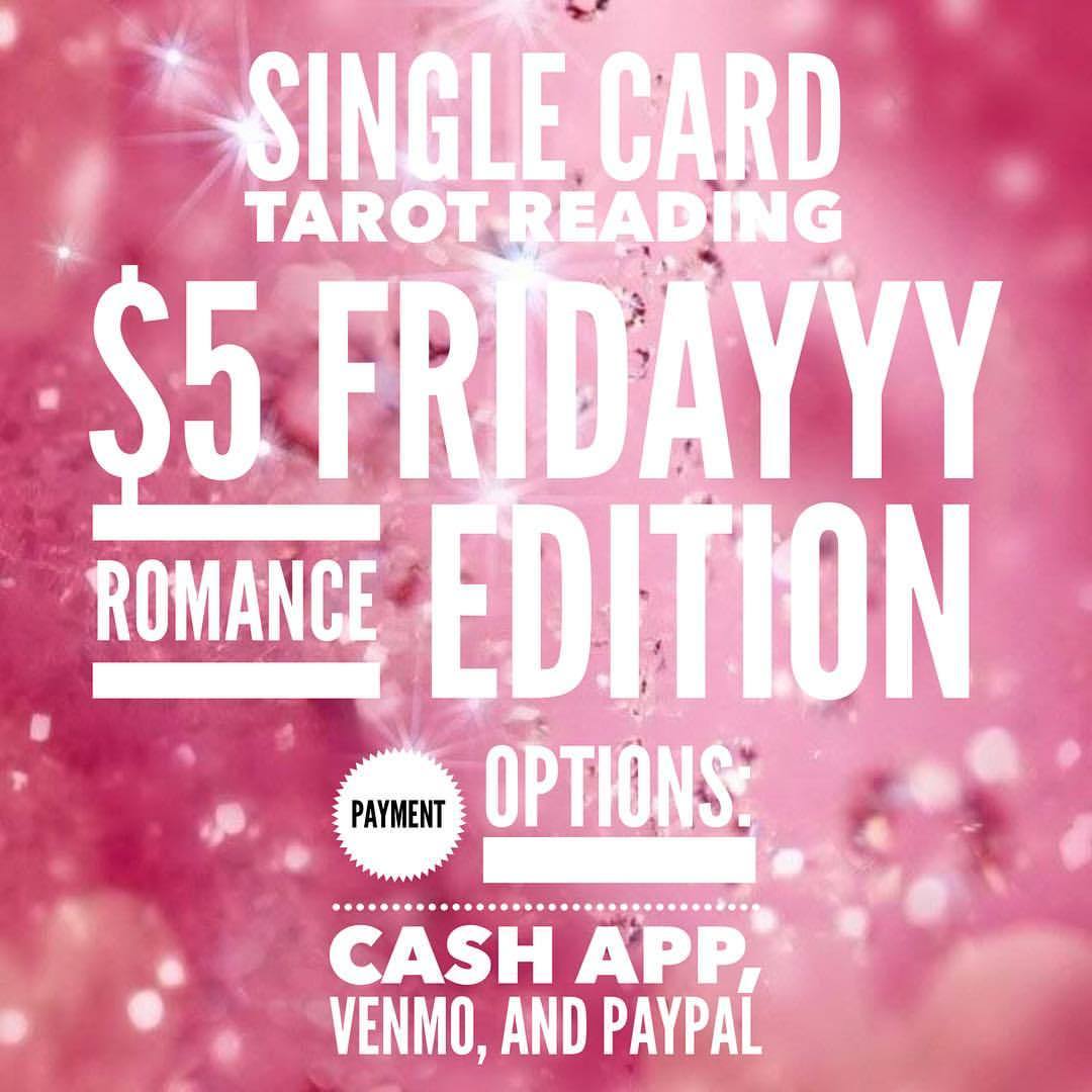 Hey, guys! $5 Fridayyy is back this time with a romance edition. Receive a single-card tarot reading from yours truly using Doreen Virtue’s “Romance Angels” deck. 👼🏽💕👼🏽💕👼🏽💕
Venus is currently retrograde encouraging us to take the time to re-evaluate...