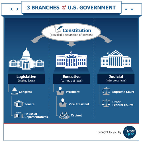 uscivics:[Image ID: “Three Branches of U.S. Government” is a blue and white infograph showing a pict
