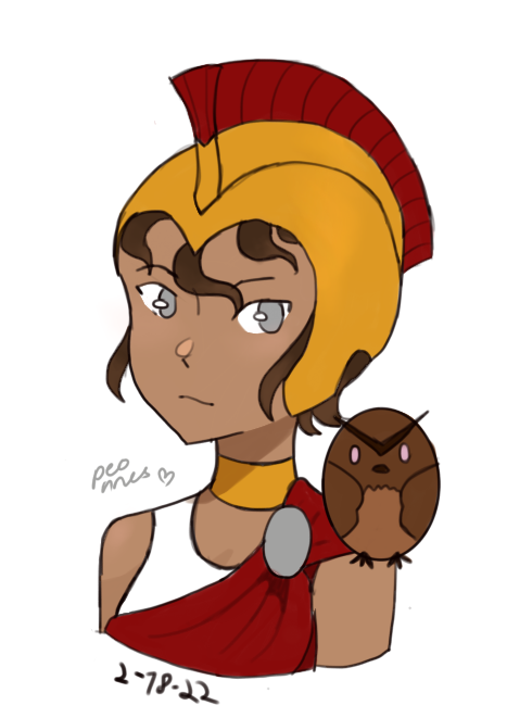 A digital portrait of Athena looking to the viewer with a neutral face. A stylized brown owl perches on her shoulder. She wears an Ancient Greek helmet and chiton, with a sleeveless white shirt and gold choker. She has a gray pin on her chiton matching her gray eyes, and light brown skin and short brown hair.