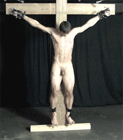 frenchsub:  This slave gets me rock hrd every time I see him. What a perfect bod. And what a good slave. Damn. Looks perfect crucified (and probably fucked by the dildo which allows him to stay in this position). 