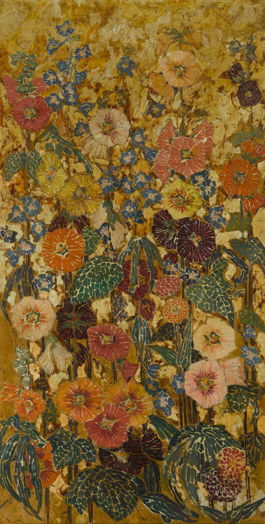 poboh:Hollyhocks Panel No. II, Mary Elizabeth Price (1877 - 1965) - Oil and Gold leaf on Board -