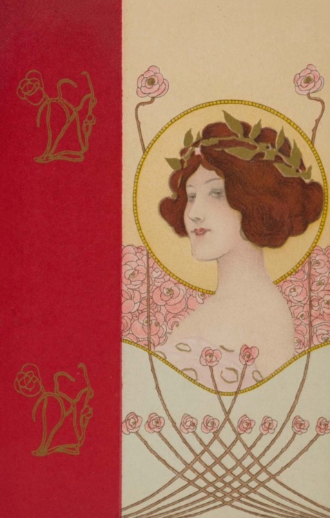 Vintage post cards.1901. Girls face with red border. Color lithograph with metallic pigment on card 