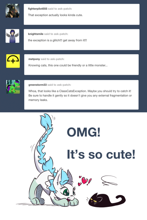 ask-patch:  Ever made a mistake that turned out alright?[[Ignore the sudden style change. Awesome Dilarus art now]] The arc is going well. Keeping you updated every day this week. Previous page.     EEEEEOMGTHISISTOOCUTE <3