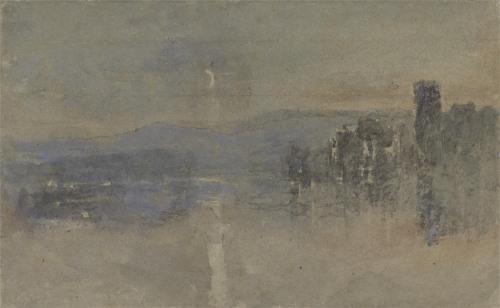 David Cox the Elder (British; 1783–1859)Moonlight Landscape Watercolor over black chalk on mod