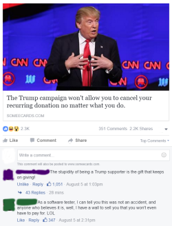 bando–grand-scamyon:  ghostclvb:  scrptrx:     Mic decided to investigate these claims for themselves and see if this alleged former Trumpian was telling the truth. They set up a ũ recurring donation to the Trump Campaign, and when they tried to cancel