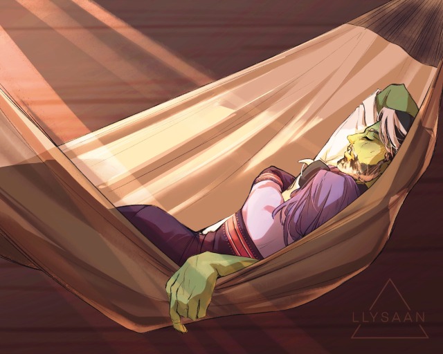 Fjord and Jester from Critical Role campaign 2 napping in a hammock with soft lighting from a window streaming in.