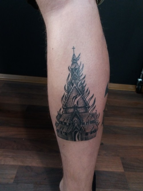 Handpoked fantoft church from norway… burning!
