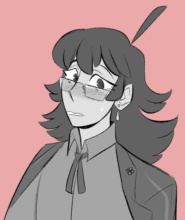 grayscale colored bust portrait of a timeskip sebastian debeste, with longer shoulder-length hair, glasses, and a teardrop earring. She is looking at the viewer wide-eyed with a sheepish blush, mouth open slightly, ahoge in exclamation point mode.