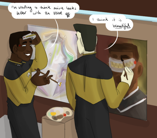 pumpkino:they r painting each other  [image description: geordi la forge and data from star trek: th