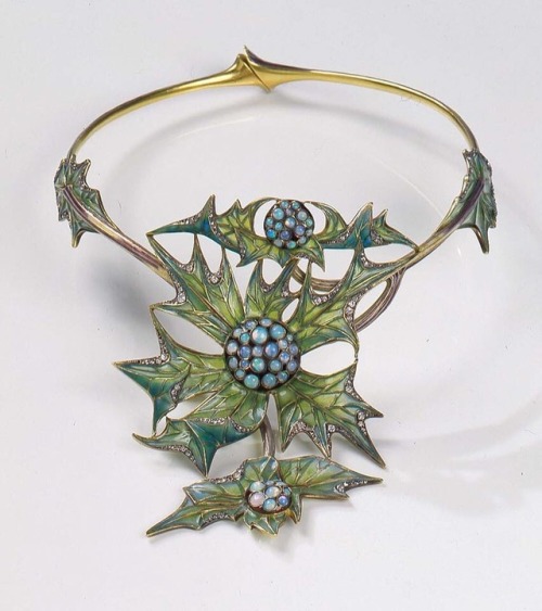 The Thistle for bravery, devotion, determination .. Gold, enamel, diamond, opal necklace by Lucien G