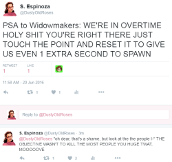 dustyoldroses:  So this just bears some repeating. Widowmakers, my loves, my dears: TOUCH IT. If we’re in OT, GET OFF YOUR ROOST AND TOUCH IT.  You have a grappling hook. SPIDERMAN YOUR LUSH ASS TO THE POINT AND TOUCH IT. Reset OT and give your team