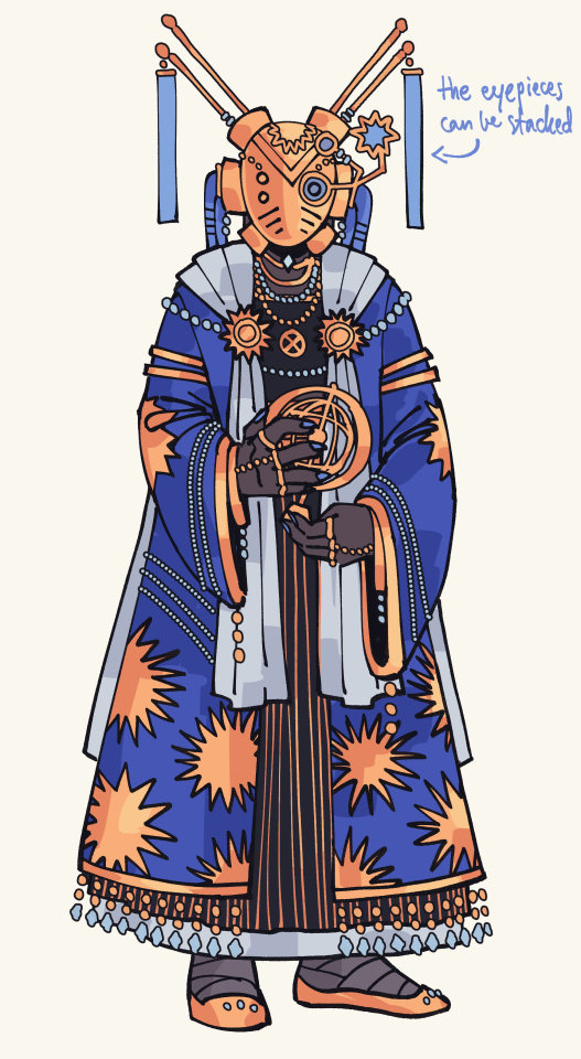 HS as an ancient, overdressed - his robes have many layers and look rather uncomfortable. he wears a rather simple mask with some eyepieces that can be stacked on one another.