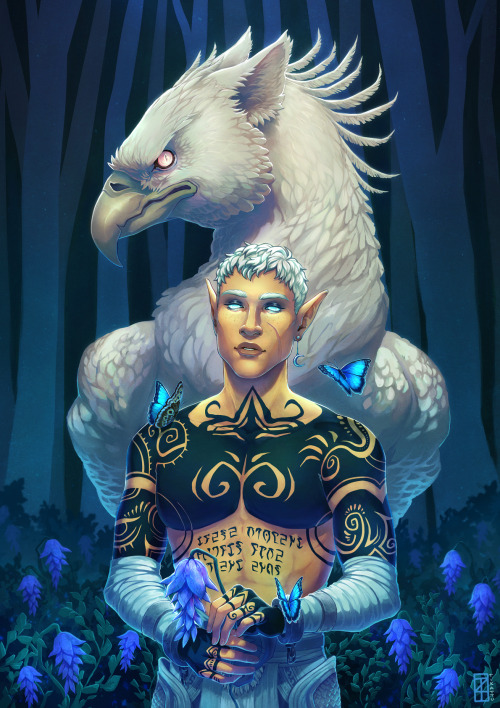 tikattu: commission for @your-holy-mountain, their gorgeous necromancer Erandiil and his gryphon&nbs