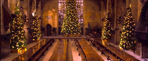 Christmas trees and gold foil-wrapped presents decorate the Great Hall of Hogwarts in preparation fo