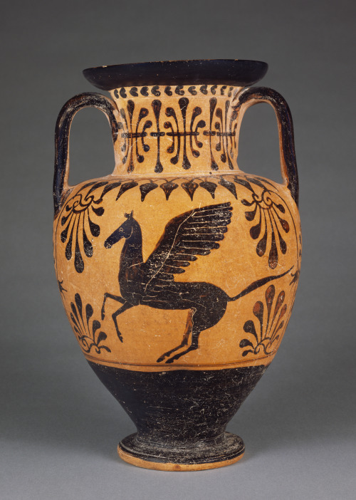 Neck amphora decorated with youth playing with cat and, on the reverse, a winged horse. c. 490 BC; terracotta. Attribute