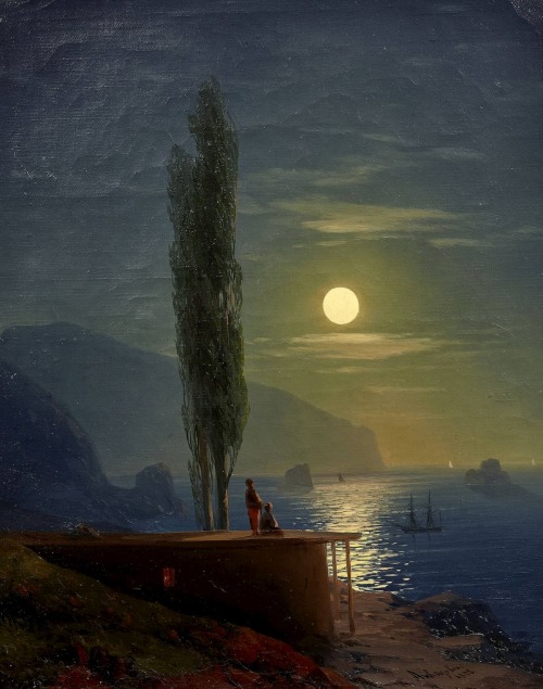 amare-habeo:Ivan Aivazovsky (Russian, 1817 - 1900)Figures by a moonlight shore, 1858Oil on canvas, 4