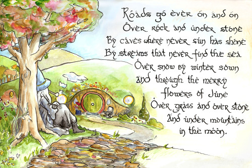 thereisalwayshope-aragorn:shaylynnann:J.R.R. Tolkien’s beautiful poem “Roads Go Ever On.”I drew thes