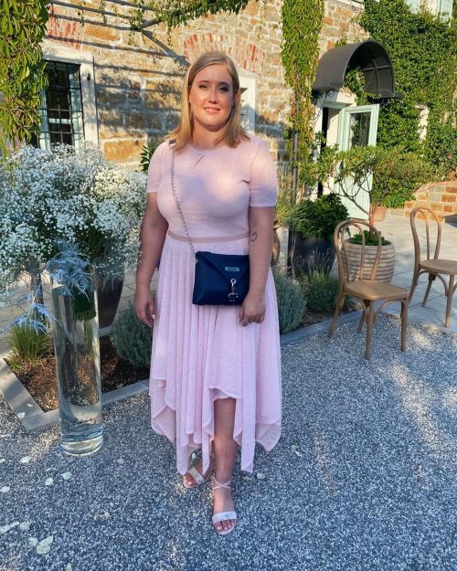 Beautiful Petra in Rose #ninaluba Lace Dress attending her Cousin&rsquo;s Wedding  #lacedress #w