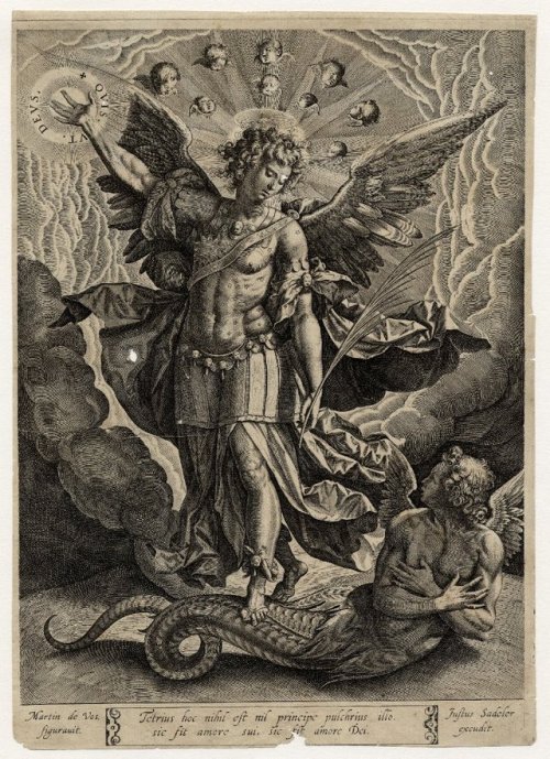 Justus Sadeler (1572-1620) (after Maarten de Vos), ‘St Michael trampling Satan, a winged creat