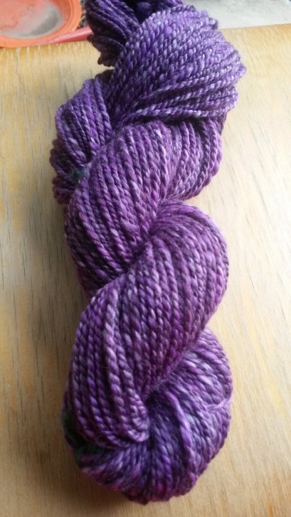 Handspun yarn: a violets blend and a violets gradient, both from Nunoco. I&rsquo;m very happy with h