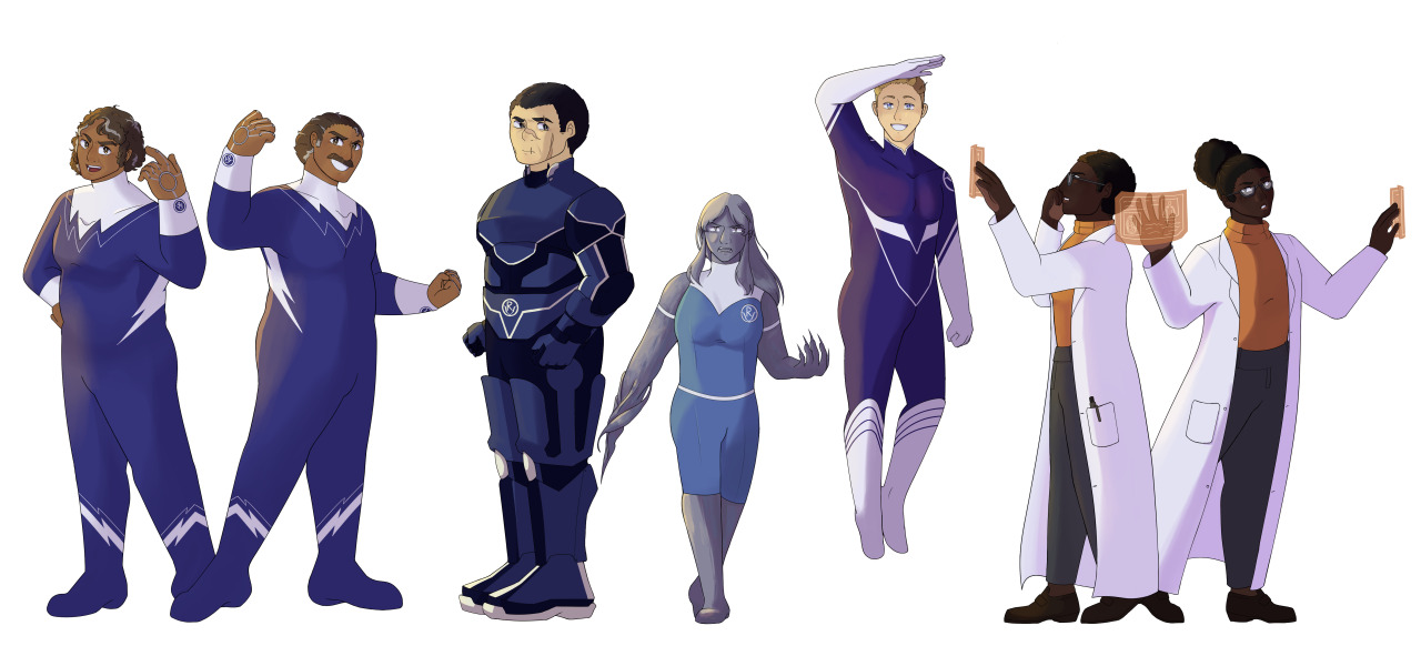 All of the previous drawings of the characters in their professional clothes are lined up. Each of them have some distance from eachother, without flowers behind them.