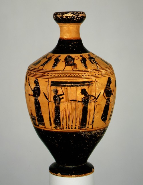 via-appia: Terracotta lekythos (oil flask), on the shoulder a goddess is approached by four youths a