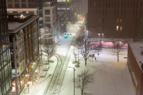 Snowy Seattle, February 13, 2021. Covid times from our balcony on 3rd &amp; Lenora.