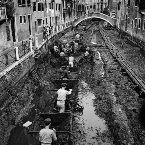 The canals of Venice, Italy being drained and cleaned, 1956