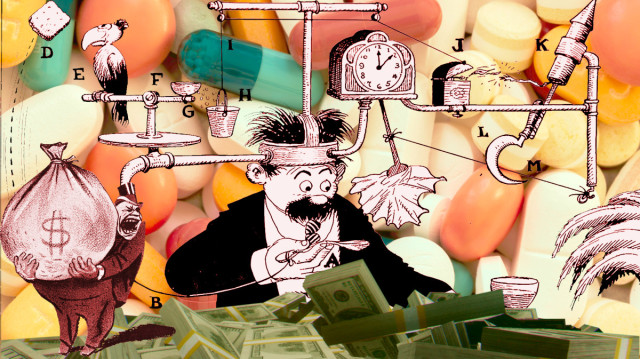 A Rube Goldberg machine for feeding a man soup. It has been placed against a background of scattered, assorted pills. In the foreground, along the bottom of the frame, are loosely stacked, bundled US one hundred dollar bills. Beside them stands a miniature caricature of a capitalist, holding a bulging, dollar-sign-emblazoned sack.  Image: Flying Logos (modified) https://commons.wikimedia.org/wiki/File:Over_$1,000,000_dollars_in_USD_$100_bill_stacks.png  CC BY-SA 4.0 https://creativecommons.org/licenses/by-sa/4.0/deed.en 