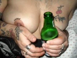 Georgechaos:  Tittie Tuesday Beer N Booze, My Sexy Tattooed Big Tit Topless Barefoot