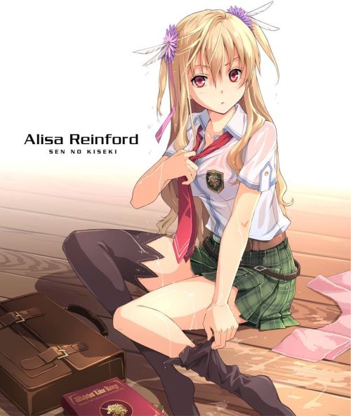 abaslev:  eiyuu densetsu falcom sen no kiseki alisa leinfort enami katsumi belt black legwear blonde bra character name high res long hair looking at viewer loose thighhigh necktie plaid plaid skirt pleated skirt red eyes school briefcase school uniform