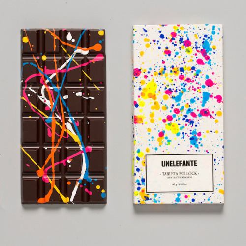 escapekit:  Pollock Bars Mexico-based Unelefante, an online gift store has teamed up with Chef Jorge Llanderal and his family to created a collection of beautifully designed chocolate bars that are inspired by the artist Jackson Pollock. 