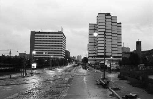West Berlin Stresemannstrasse June 1986. The tower of St. Lukaskirche on the right, below it a sign 