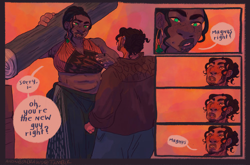 anonbeadraws:me? do a comic about Magnus and Julia meeting for the first time just to draw Julia bei