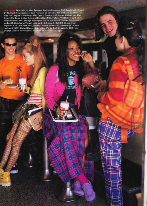 justseventeen:August 1995. ‘Schoolgirl plaid goes rad with shots of neon and vinyl. Mix thoroughly –