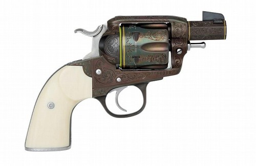 peashooter85:Custom engraved and gold inlaid Ruger Vaquero single action revolver with simulated ivo