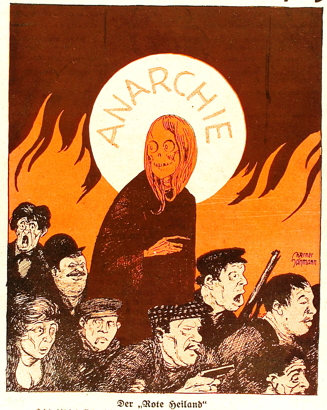 Werner Hahmann (1883-1977) cover, ’Der „Rote Heiland" (The Red Savior), “Kladderadatsch”, #16, April 1920
Source
An anti-socialist/anarchist cartoon, warning people away from the “dangerous road of radicalism.”