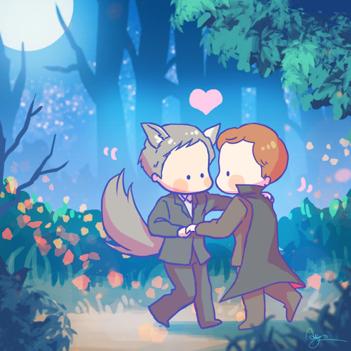 Commission for @bitemebat who asked for Werewolf Lestrade and Vampire Mycroft dancing in the moonlig