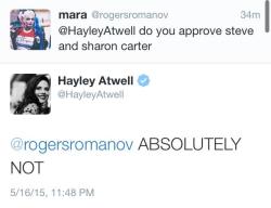 definitelynotsatan:  preserumbrooklynqueers:  hayley atwell, once more, proving that she slays  cool but why add the tweet of chris when itll just fool ppl into thinking he loves stevebucky when that tweet was meant for a piece of art