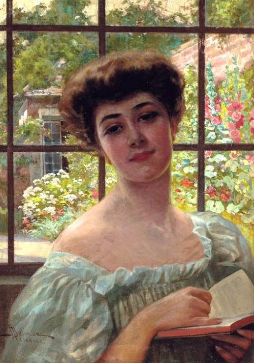 Portrait of a lady, bust length, in a white summer dress holding an open book; a walled summer garde