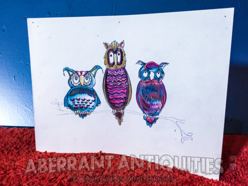 Hand Drawn - Colored Pencil “Three Owls” Drawing : Unframed Artwork 9"x12" - P